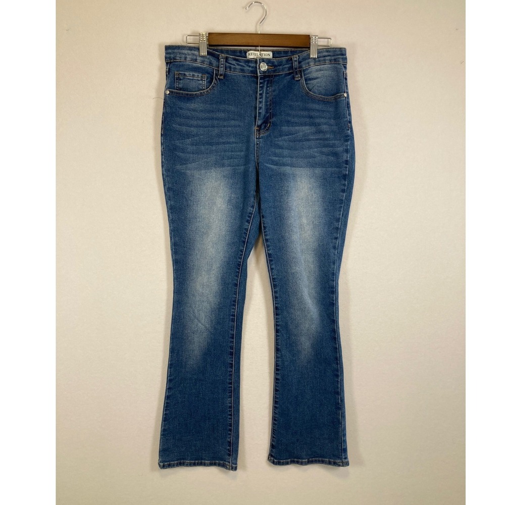 Revelation Denim Bootcut Jeans 10 Blue Embellished Rhinestone Pocket Stretch‎